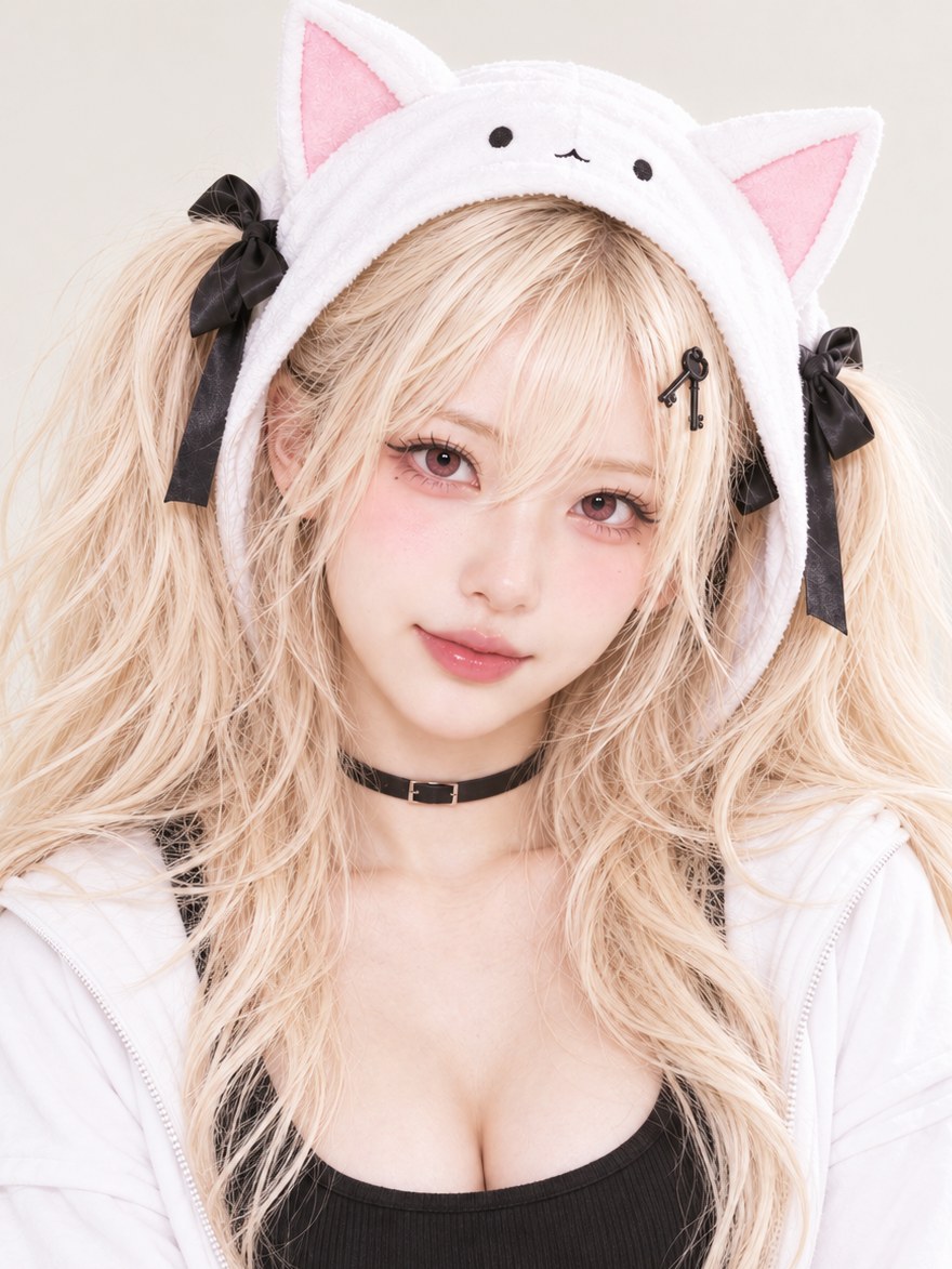 흰 고양이 귀 후드를 쓰고 웃는 실사 원데이 프로필